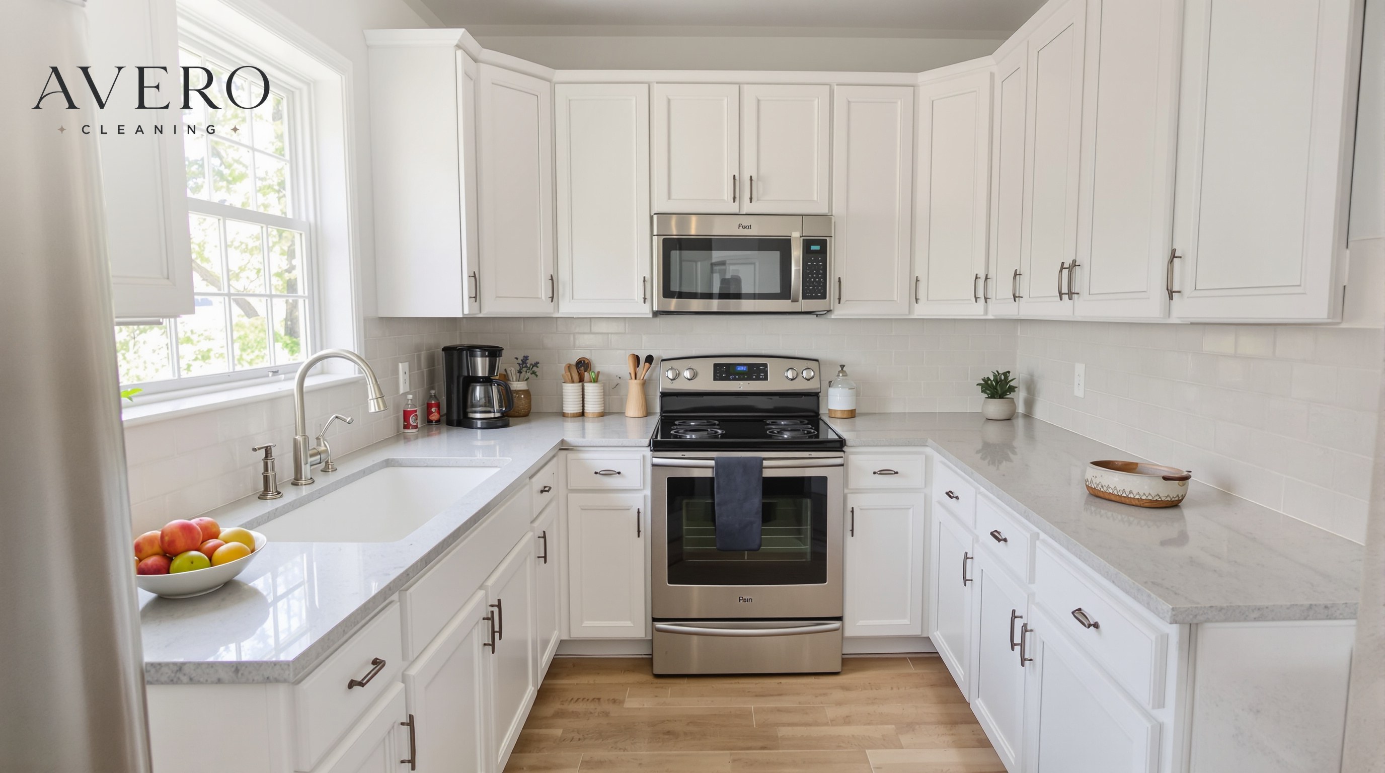 A clean, tidy kitchen seen from the doorway with clear counters and mopped floors in daylight.